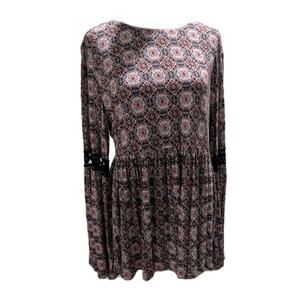Max Jeans Geometric Print Bell Sleeve Peplum Top Women's Size Large Crochet Boho